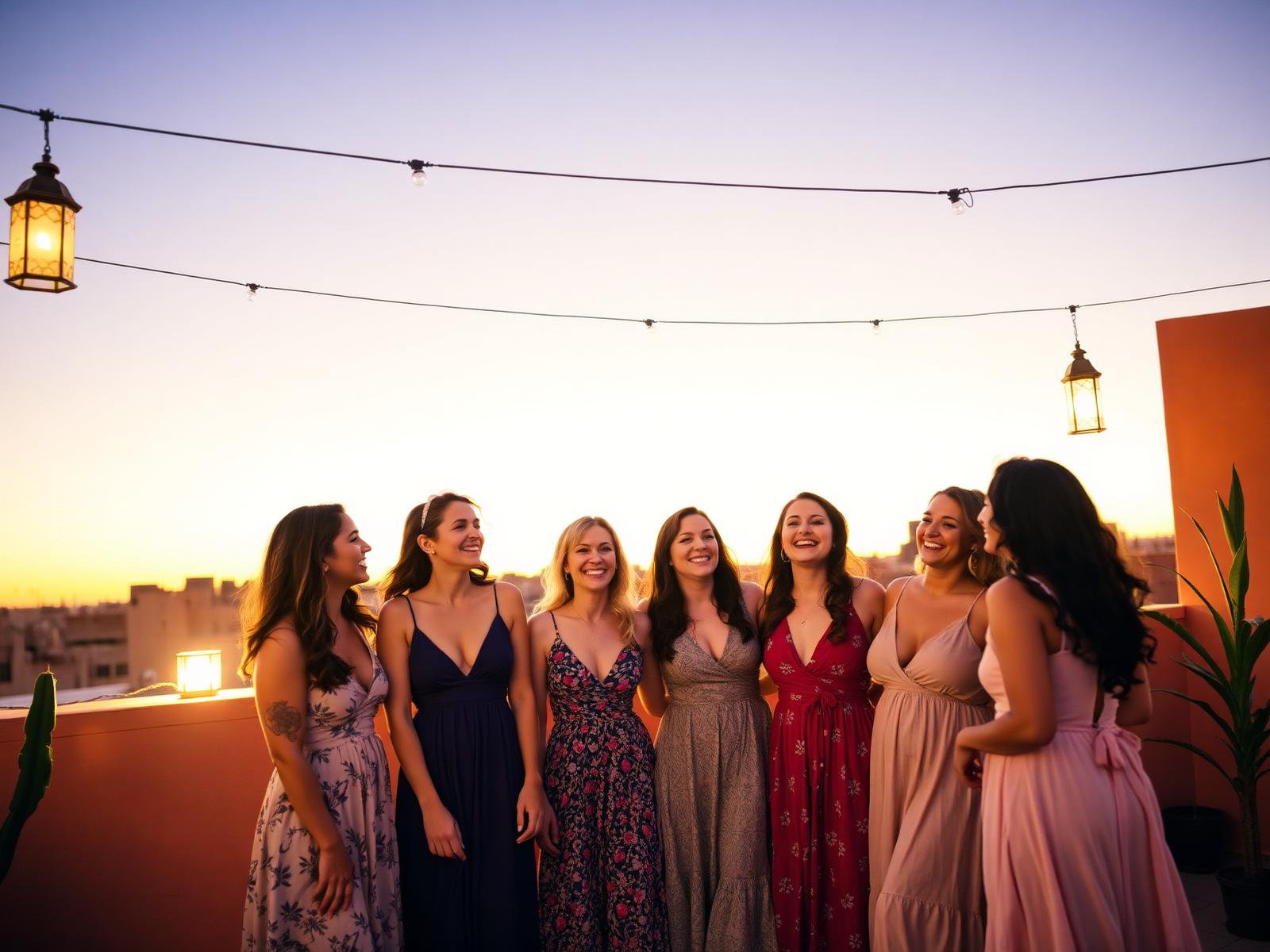 Groupe de femmes sur un rooftop à Marrakech au coucher du soleil